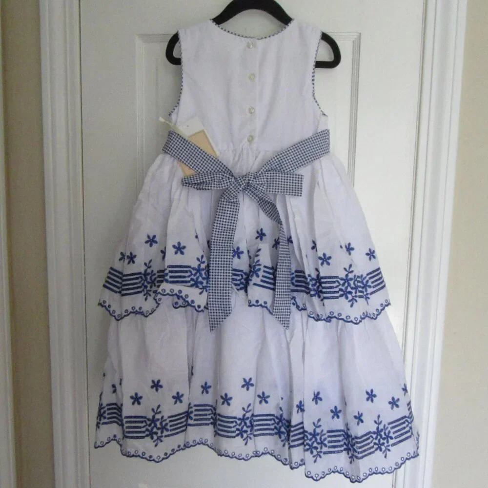 NWT LAURA ASHLEY White Blue Embroidered Eyelet Gingham Tiered Dress 6 Girls